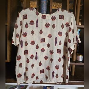 Adamo Paisley Patterned 100% Silk Short Sleeve Blouse Large